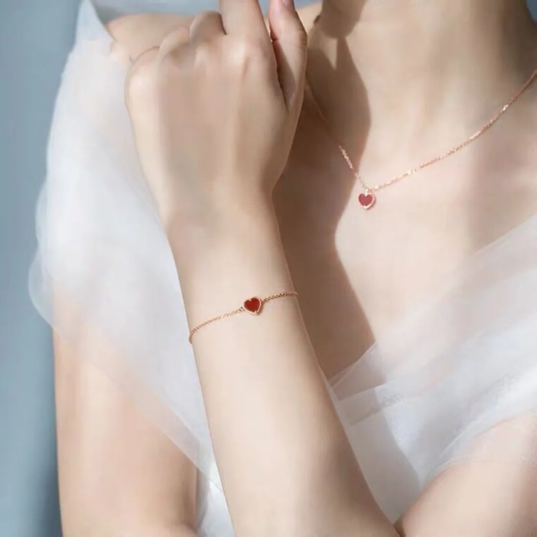 Women 925 Silver Red Chalcedony Rose Gold Love Heart Shape Bracelet Fashion Jewelry
