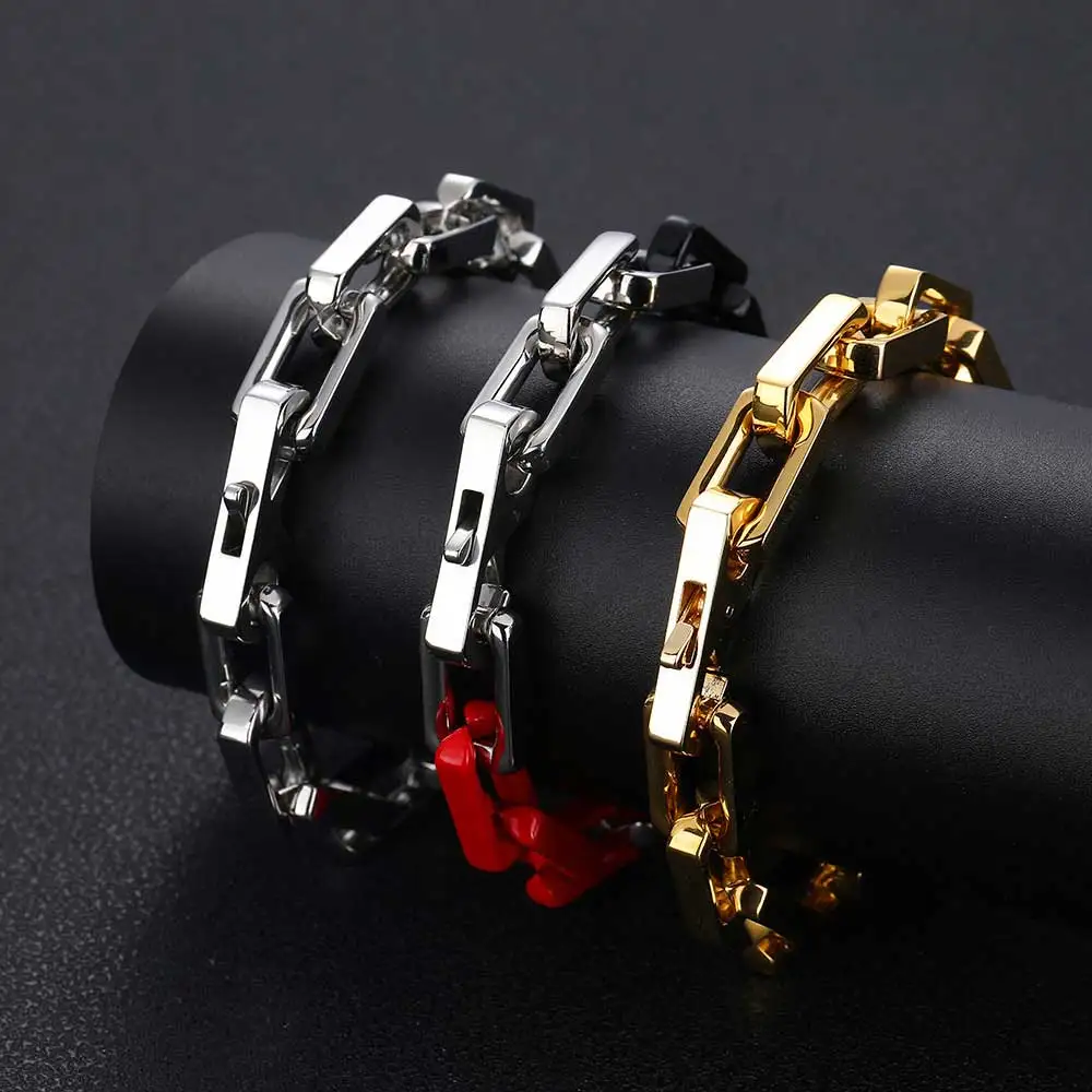 Custom Cool Square Cuban Link Splicing Bracelet For Men Women 18K Gold Black Red Color Punk Casual Curb Chain Bracelet