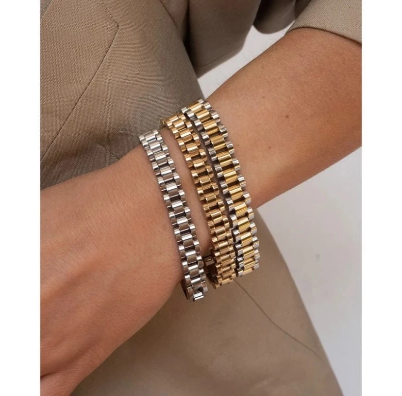 Titanium With 18 K Gold  Pave Watch Strap Statement Bracelet Women Stainless Steel Jewelry Chic Gown Japan South Korea FashionPr