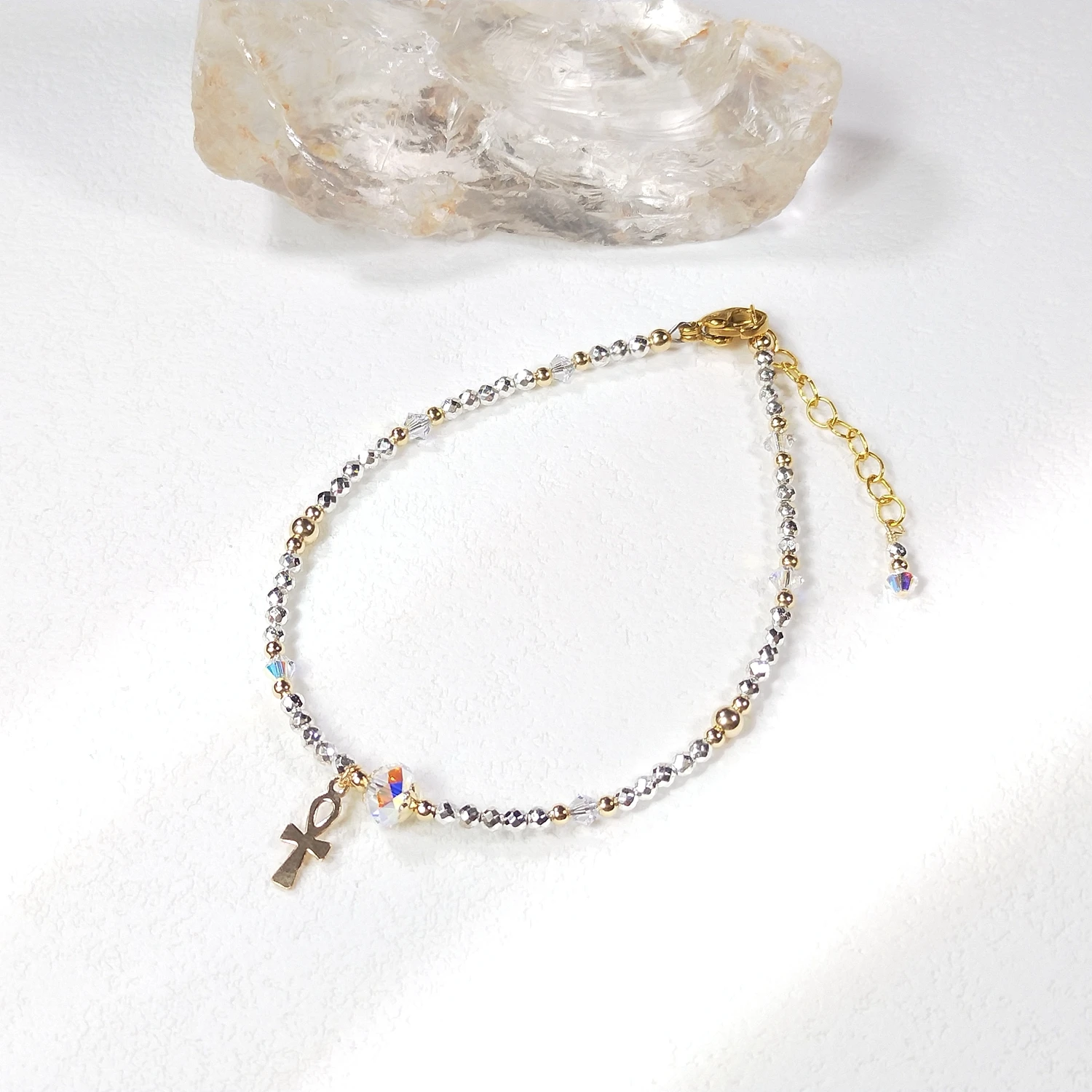 Lii Ji Silver Color Hematite 2mm 14K Gold Filled Charm Bracelet Natural Stone Handmade Jewelry For Gift