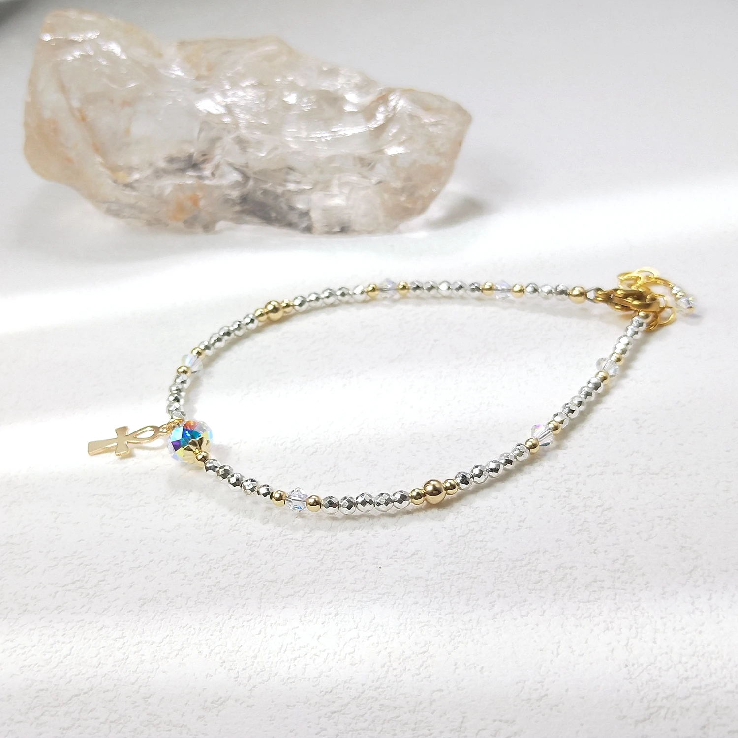 Lii Ji Silver Color Hematite 2mm 14K Gold Filled Charm Bracelet Natural Stone Handmade Jewelry For Gift