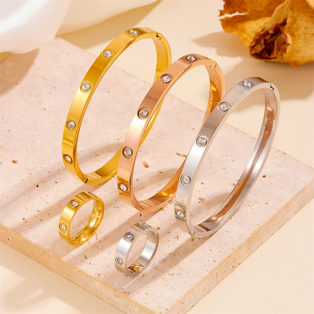 ALTERA Luxury Stainless Steel Crystal Charm Bangle/Ring for Women Gold Color Non Tarnish Cuff Bracelet Jewelry Set Gift Party