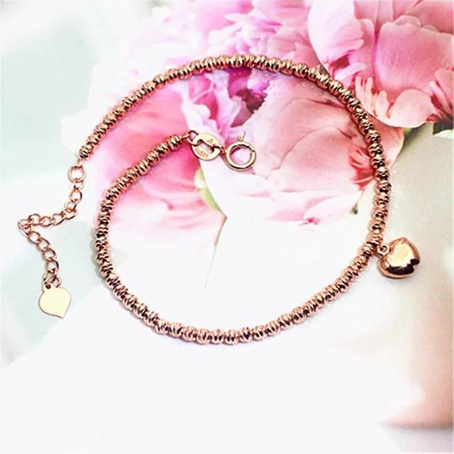 585 Purple Gold Plated 14K Rose Gold Glossy Heart Bead Bracelet For Women Fashion Exquisite Romantic Wedding Jewelry