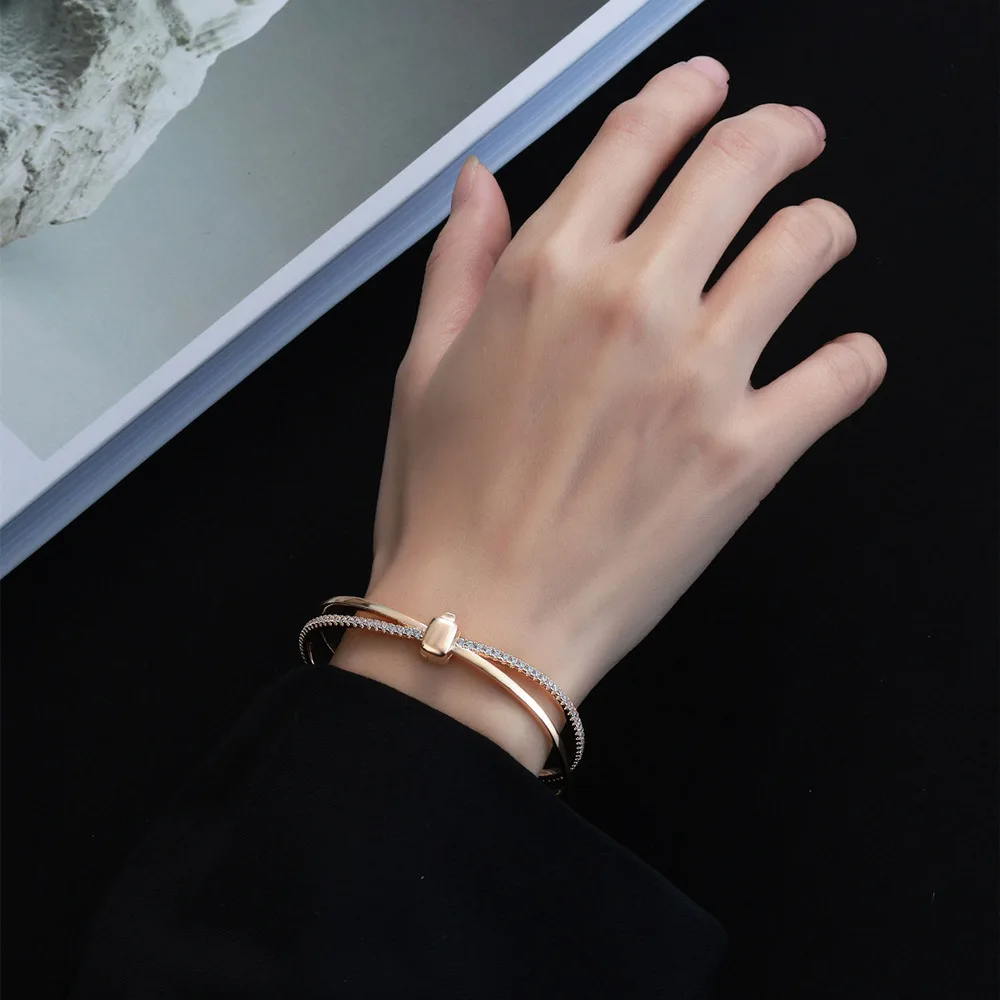 Original Double Ring Champagne Gold Bracelet for Women S925 Pure Silver Bracelet, European and American Silver Jewelry