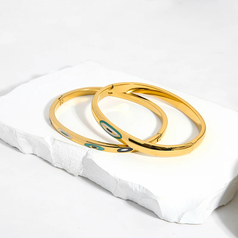 Tarnish Free Stainless Steel Turkish Evil Eye Non Adjustable Bracelet Bangle for Women 18k Gold Plated Fashion Jewelry Gift