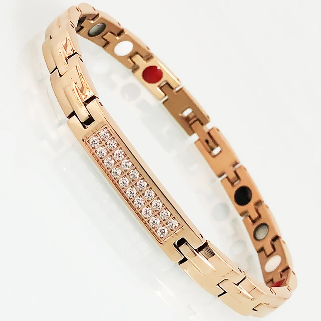 Health Care 4 In 1 Magnetic Therapy Bracelet Rose Gold Color Stainless Steel Cubic Zirconia Hand Bracelets For Women Girls 7MM