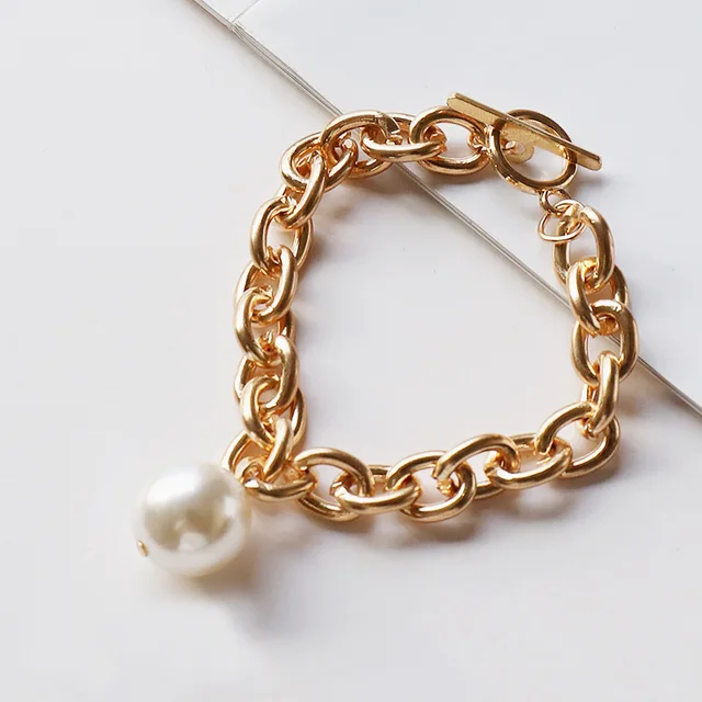 Korean Fashion Elegant Atmosphere Large Pearl Pendant Metal Thick Chain Bracelet for Women Designer Jewelry Gift Pulseras Mujer