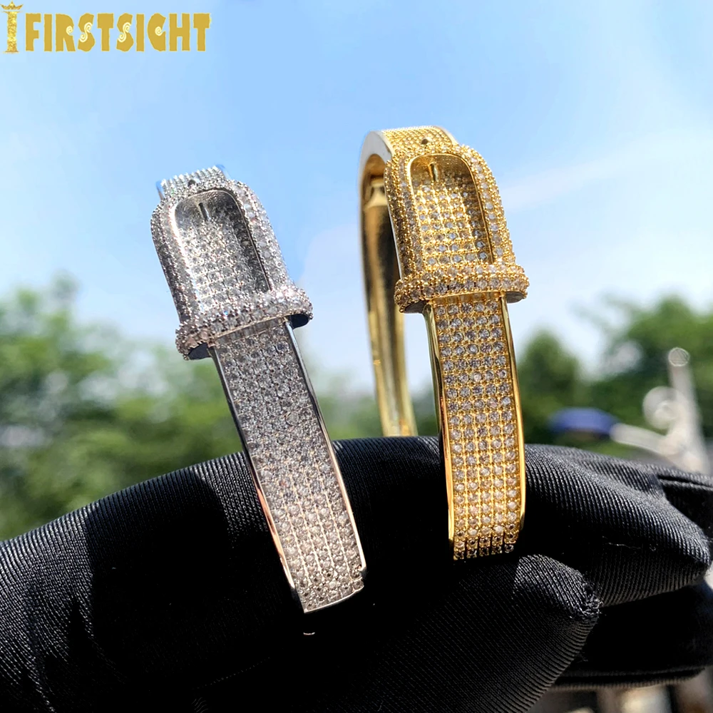 Iced Out Bling Belt Shape Bangle Silver Color AAA CZ Zircon Charm Opened Bracelet For Women HiphopLuxury  Jewelry