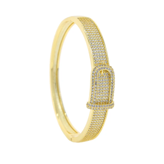 Iced Out Bling Belt Shape Bangle Silver Color AAA CZ Zircon Charm Opened Bracelet For Women HiphopLuxury  Jewelry