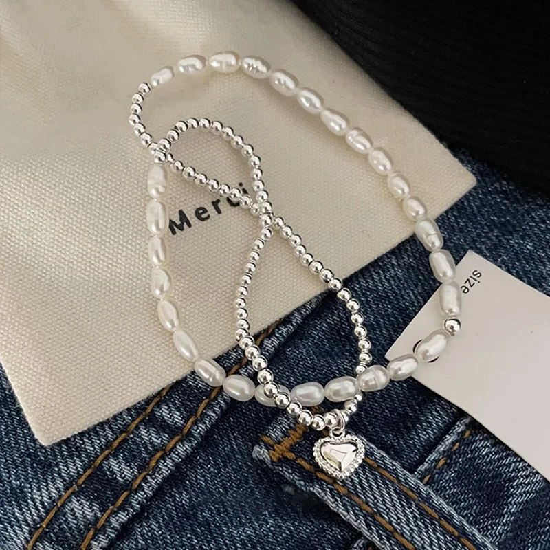 VENTFILLE 925 Sterling Silver Love Heart Pearl Bracelet for Girl Simple Double Layer Korean Jewelry Birthday Gift Dropshipping