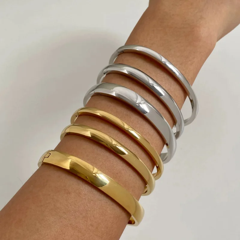 Stainless Steel Pure Gold Pvd Plated Plain Pattern Bracelet for Women's Simple 3 Piece Stackable Bracelet Jewelry LL230505