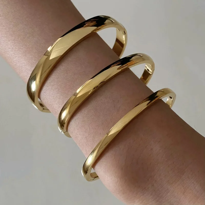Stainless Steel Pure Gold Pvd Plated Plain Pattern Bracelet for Women's Simple 3 Piece Stackable Bracelet Jewelry LL230505