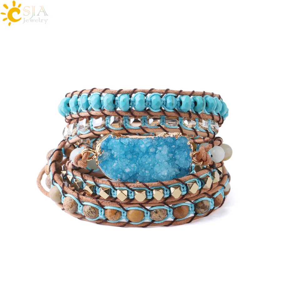 CSJA Natural Gems Stone Wrap Bracelet Druses Druzy Geode Slice Bracelets Jewellery for Women 5 Strands Fashion Boho Jewelry S224