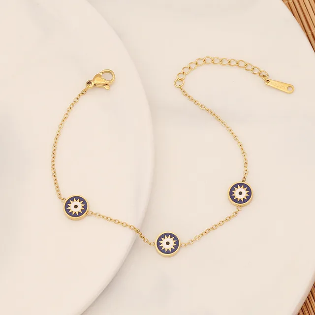 304 Stainless Steel Bracelet Religious Curb Link Chain Bracelets Gold Plated Multicolor Evil Eye Enamel Jewelry 18cm long,1PC
