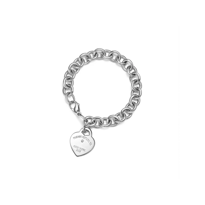 Tiff Woman S925 Sterling Silver Classic Heart Tag Chain Silver Bracelet High Quality Jewelry Christmas present Gift