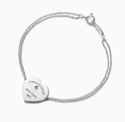 Tiff Woman S925 Sterling Silver Classic Heart Tag Chain Silver Bracelet High Quality Jewelry Christmas present Gift