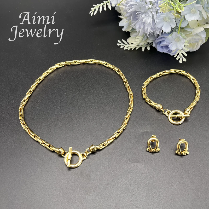 Dubai Jewelry Set 3Pcs Bangle Necklace Earrings Sets for Women 18 K Gold Plated Golden Chain Fashion Bridal Wedding Party Gifts