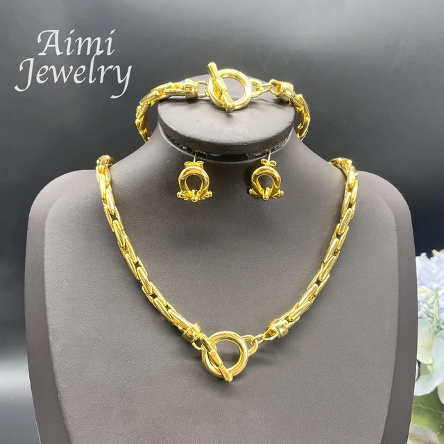Dubai Jewelry Set 3Pcs Bangle Necklace Earrings Sets for Women 18 K Gold Plated Golden Chain Fashion Bridal Wedding Party Gifts