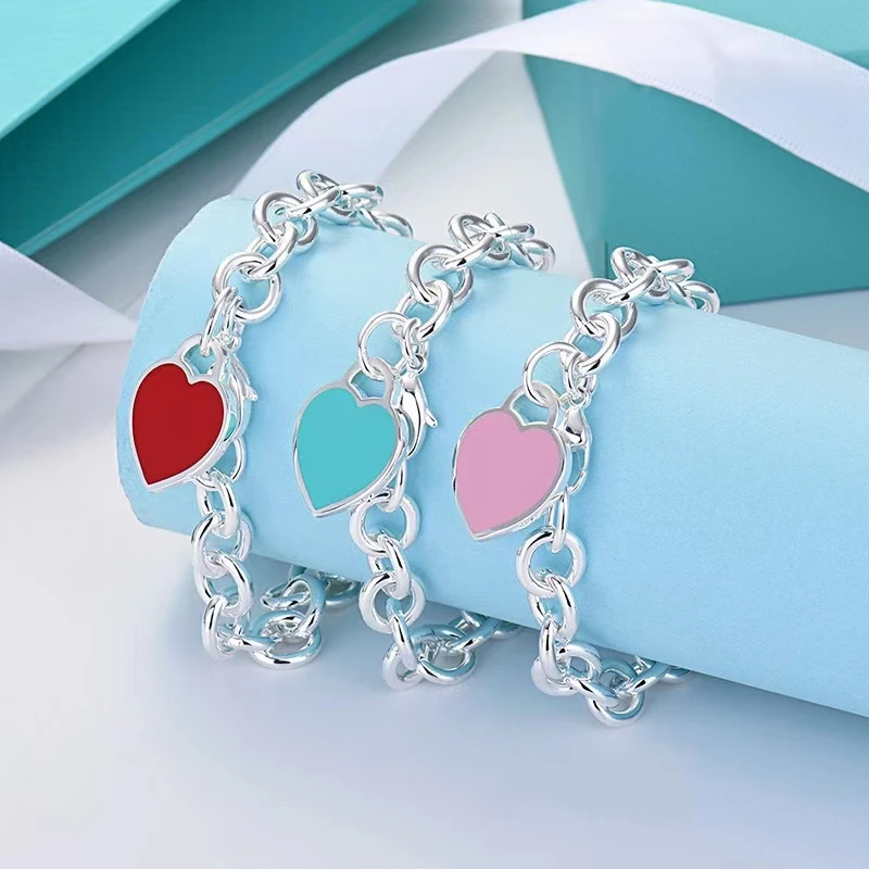 Hot selling 925 sterling silver large heart-shaped enamel pendant thick bracelet classic fashion brand luxury jewelry