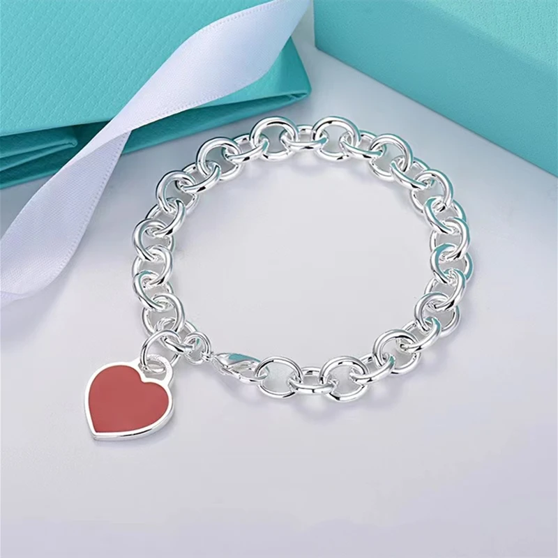 Hot selling 925 sterling silver large heart-shaped enamel pendant thick bracelet classic fashion brand luxury jewelry