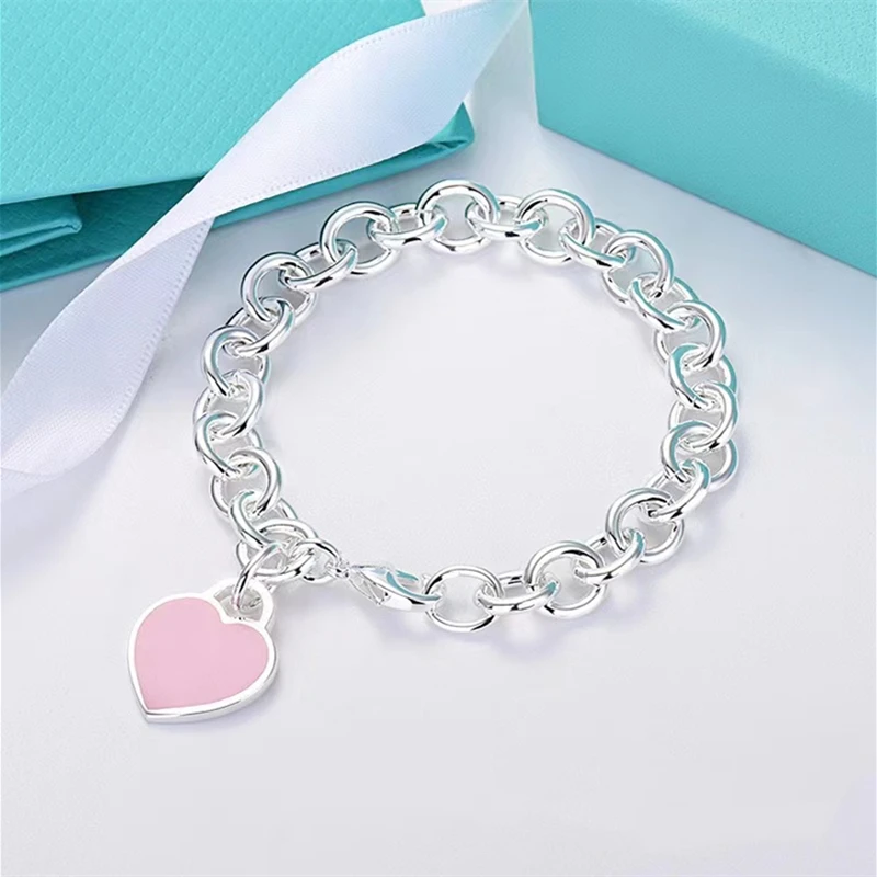 Hot selling 925 sterling silver large heart-shaped enamel pendant thick bracelet classic fashion brand luxury jewelry