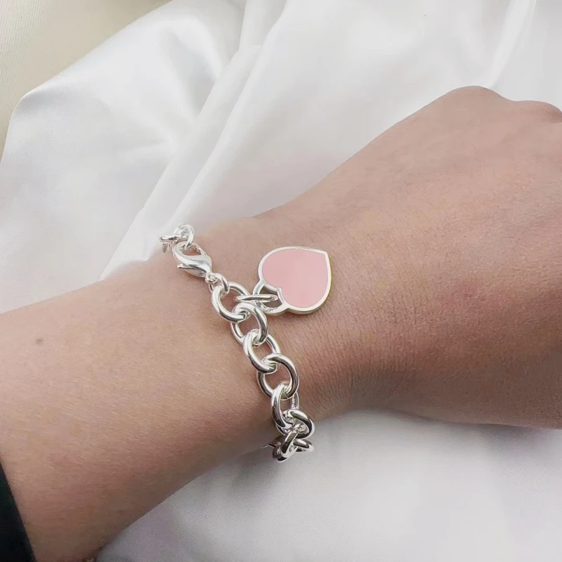 Hot selling 925 sterling silver large heart-shaped enamel pendant thick bracelet classic fashion brand luxury jewelry