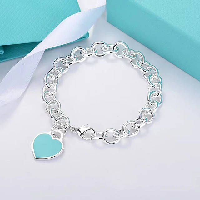 Hot selling 925 sterling silver large heart-shaped enamel pendant thick bracelet classic fashion brand luxury jewelry