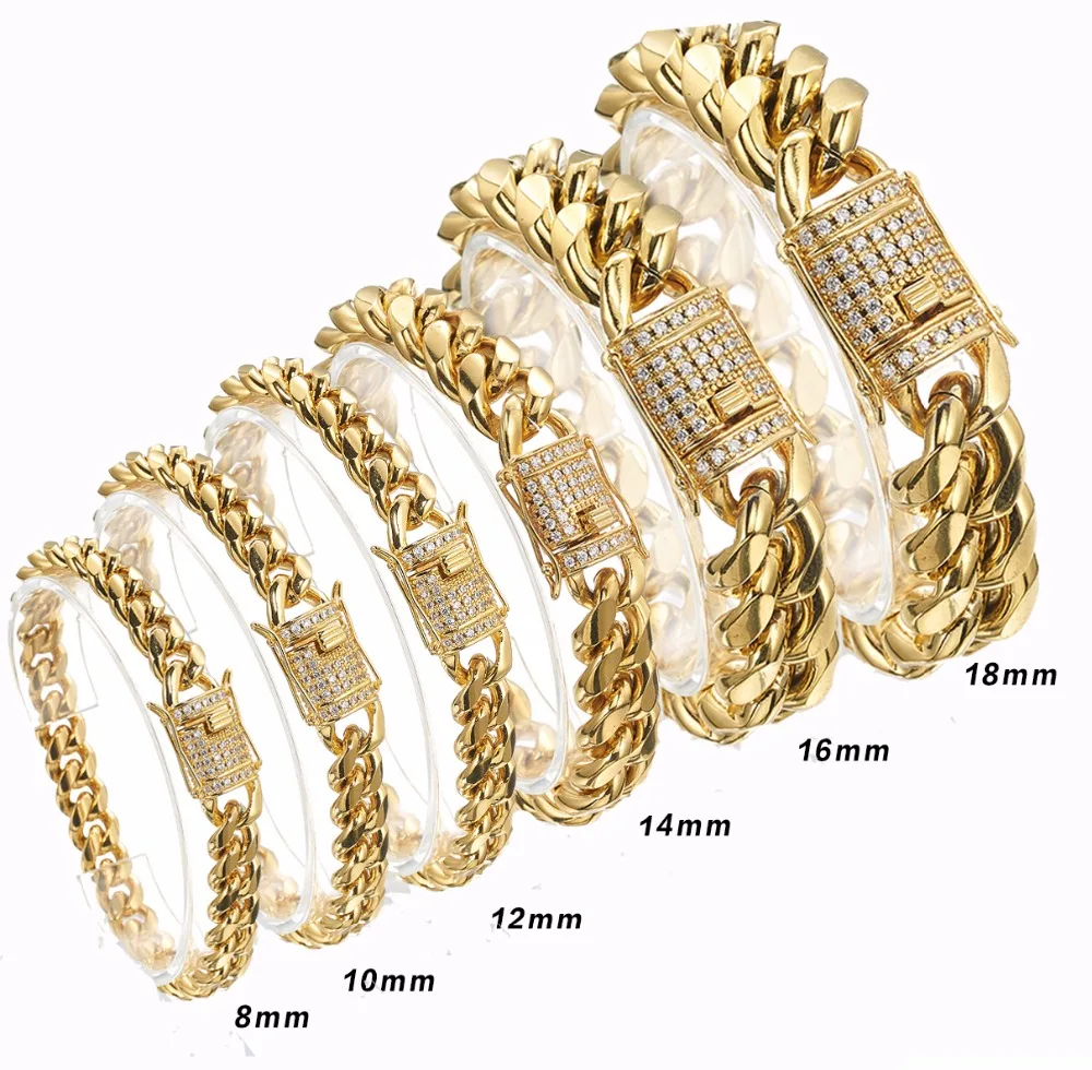Arrival 8/10/12/14/16/18mm Stainless Steel Miami Curb Cuban Chain Crystal Bracelet Casting Lock Clasp Mens Link jewelry