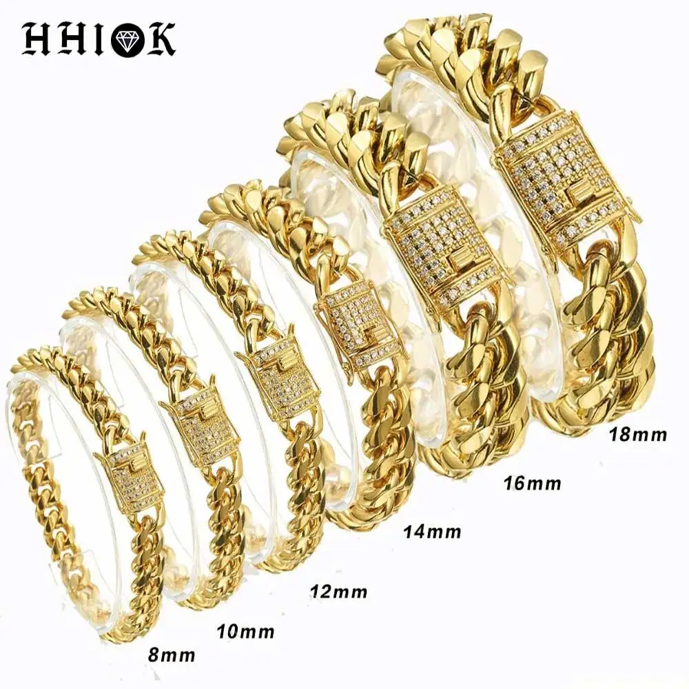 Stainless Steel Miami Cuban Link Bracelet 8mm-16mm Gold Plated with Iced CZ Clasp Premium Hip Hop Jewelry For Men Women Gift