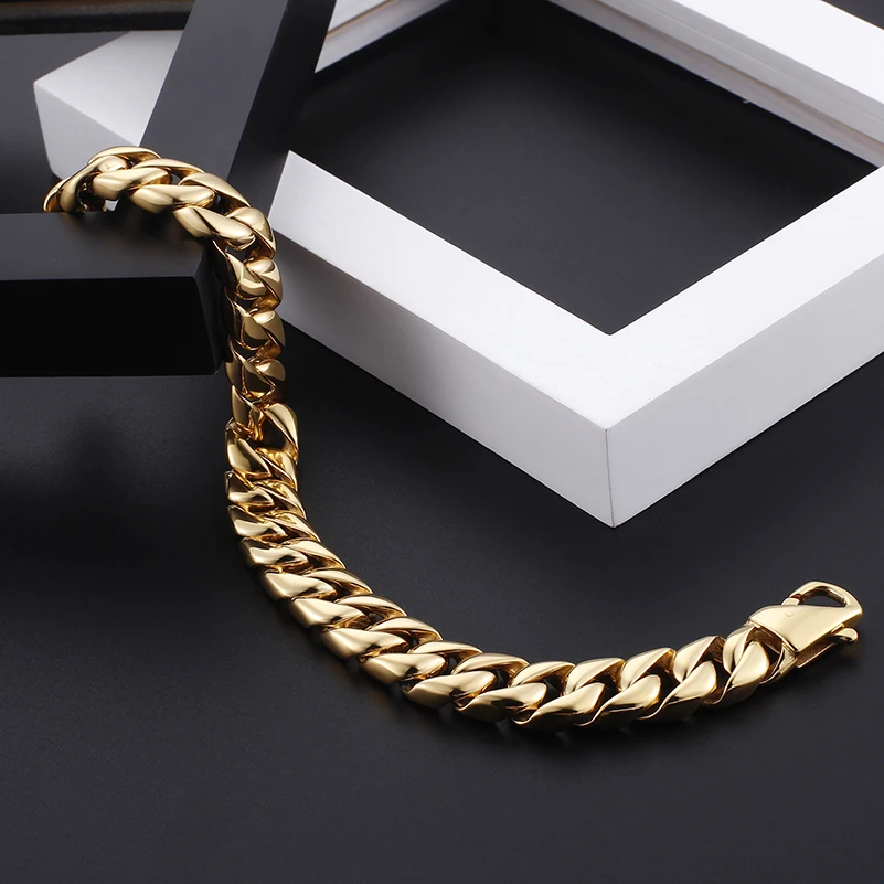 Gold Color Stainless Steel Miami Cuban Curb Link Chain Bracelet for Men Classic Friends Men's Bracelets Jewelry Accessories