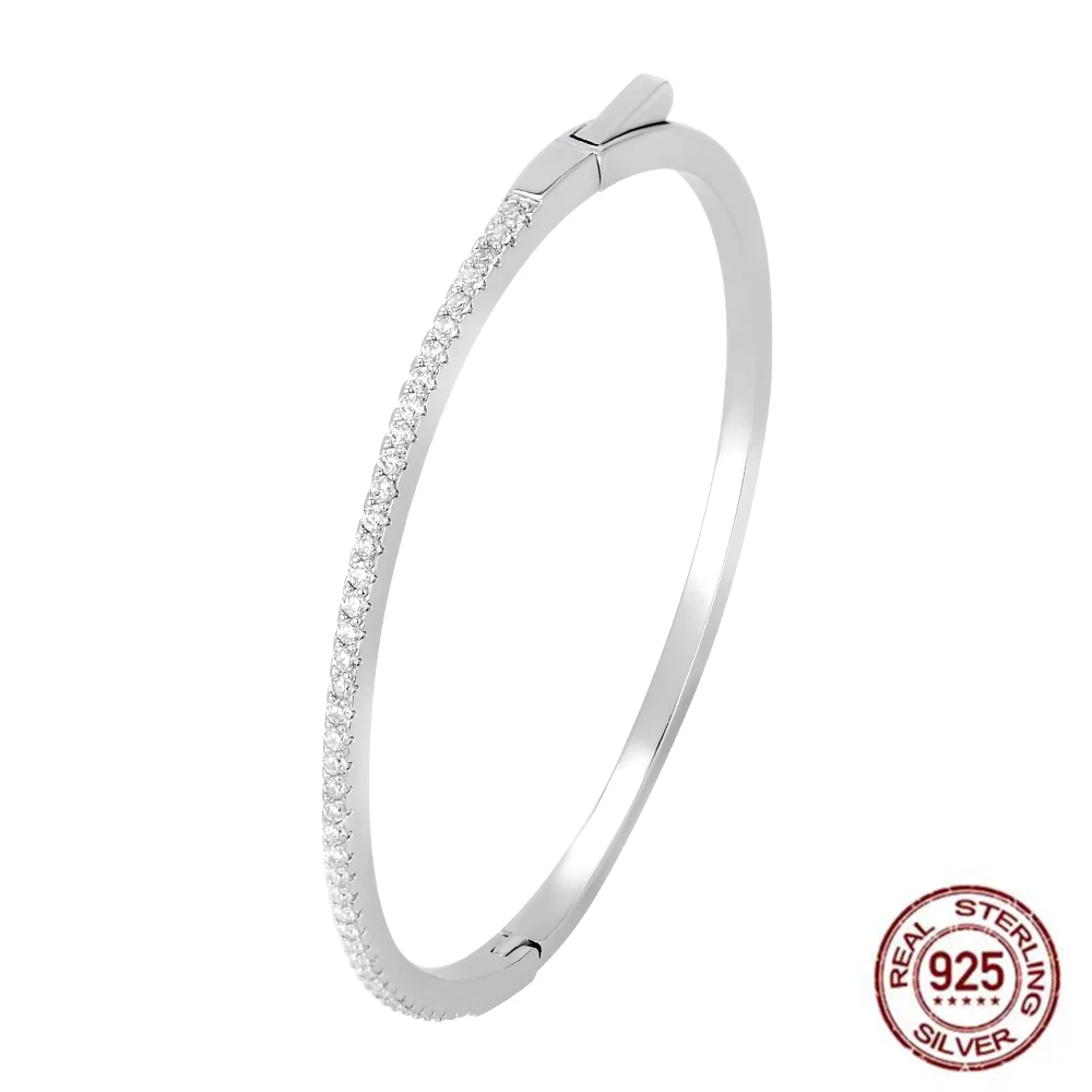 Poulisa Moissanite S925 Cuff Thin Bangle for Women 925 Sterling Silver Pave Setting Moisa Moissan Bangles with Switch Pulseras