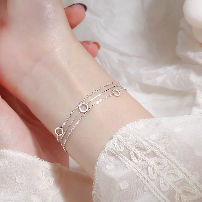 VENTFILLE 925 Sterling Silver Three-Layer Chain Circle Bracelet For Women Simple Exquisite Gift Wedding Accessories