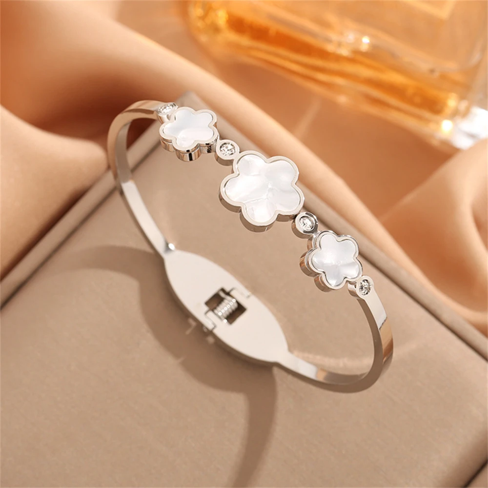 Enamel Plated Stainless Steel Five-Leaf Flower Zircon Bracelet Women's Fashion High Quality Wrist Bracelet Jewelry Gift Plant Ch
