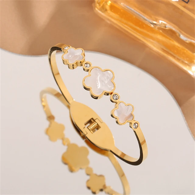 Enamel Plated Stainless Steel Five-Leaf Flower Zircon Bracelet Women's Fashion High Quality Wrist Bracelet Jewelry Gift Plant Ch