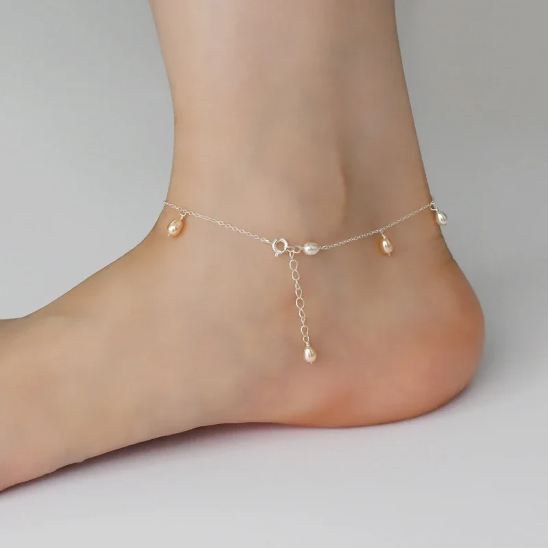ASHIQI 925 Sterling Silver Natural Freshwater Pearl Anklet  Fashion Women's Foot Jewelry