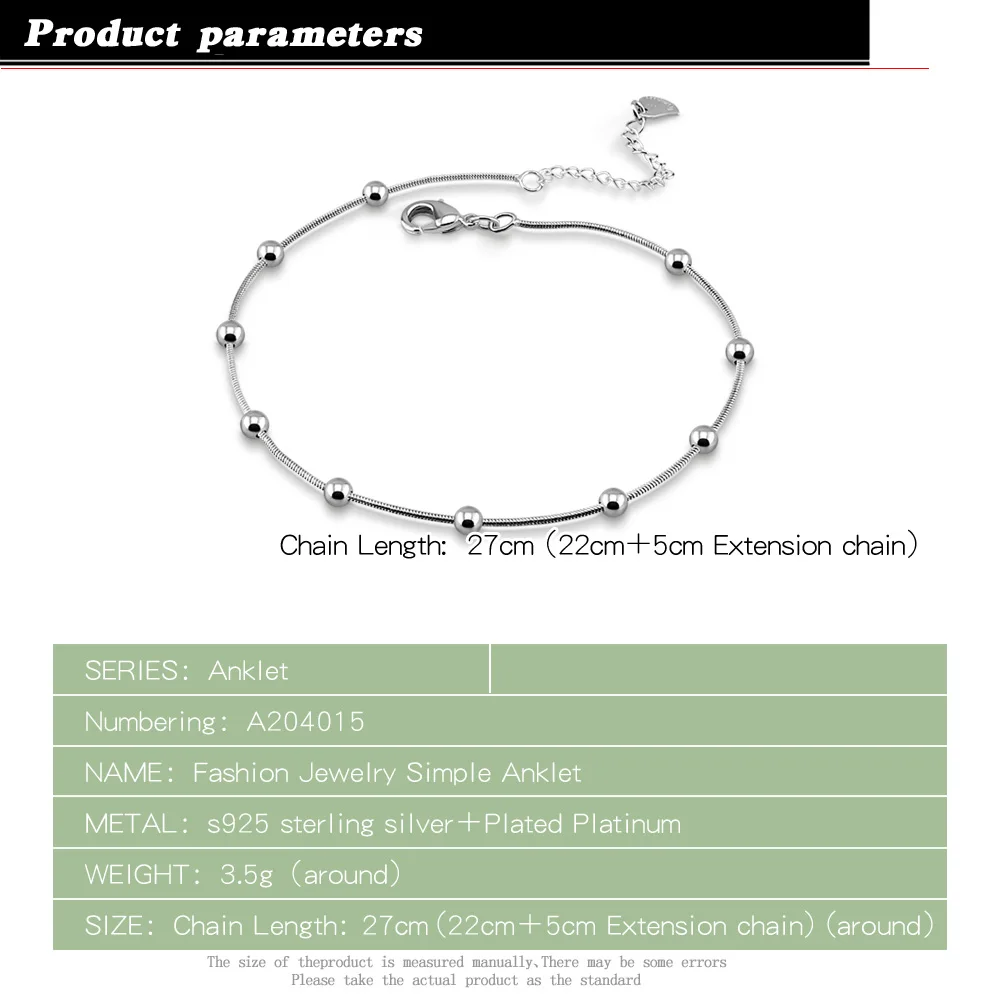 Summer fashion jewelry 925 sterling silver anklet female models simple style round bead solid silver foot chain lady' bijoux