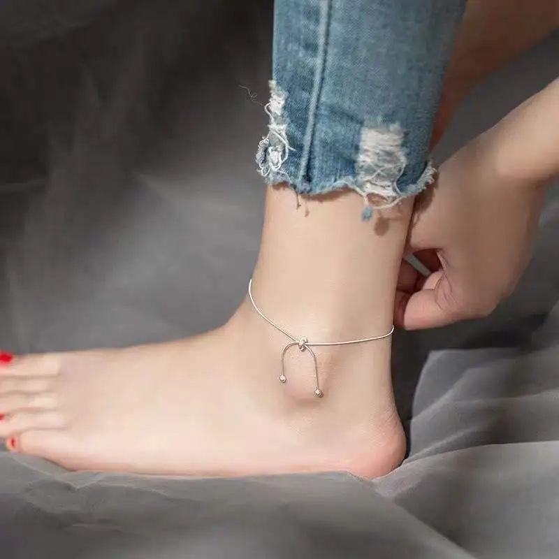 Fashion 925 Sterling Silver Snake Chain Adjustable Bow Knot Anklets Women Fine Jewelry Cute Accessories Gift