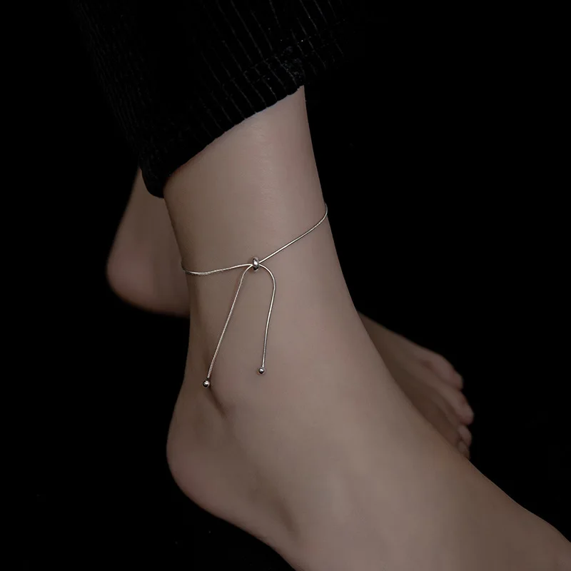 Fashion 925 Sterling Silver Snake Chain Adjustable Bow Knot Anklets Women Fine Jewelry Cute Accessories Gift