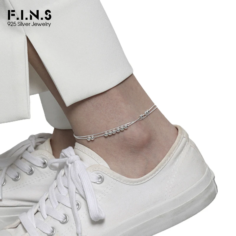 F.I.N.S Double-Layer Snake Chain S925 Sterling Silver Anklet Charms Movable Beads Adjustable Bare Foot Fashion Fine Jewelry