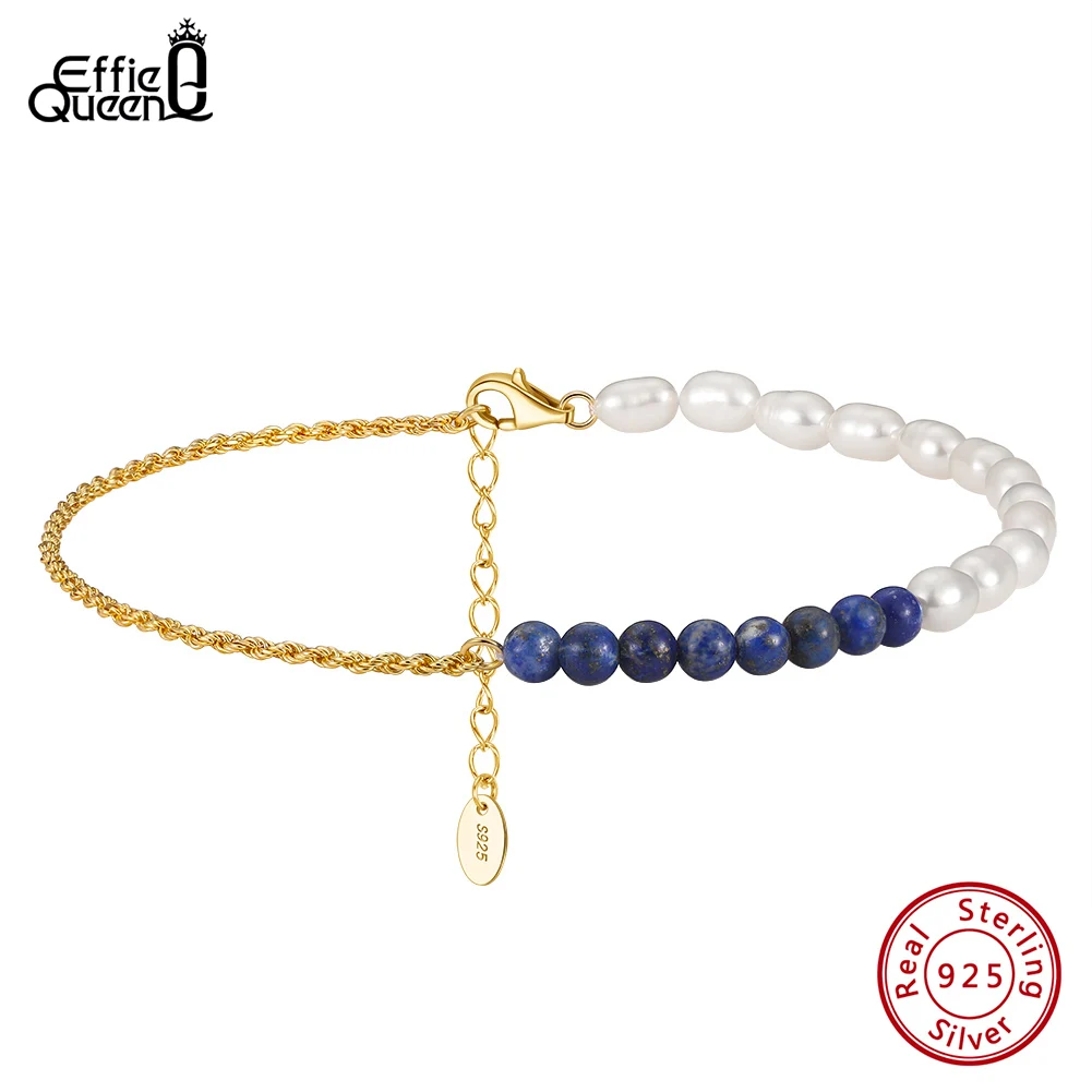 Effie Queen 925 Sterling Silver Chain Anklet with freshwater pearl &Lapis Lazuli for Women Summer Beach Anklets Foot Chains SA56