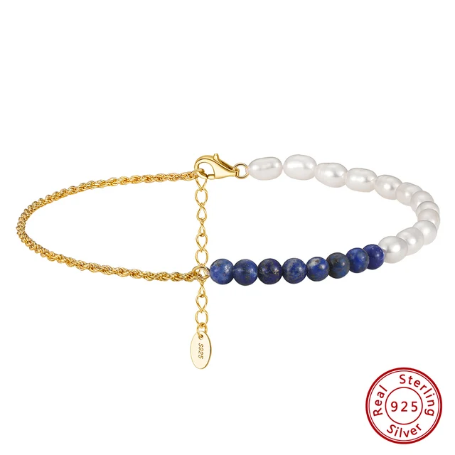 Effie Queen 925 Sterling Silver Chain Anklet with freshwater pearl &Lapis Lazuli for Women Summer Beach Anklets Foot Chains SA56