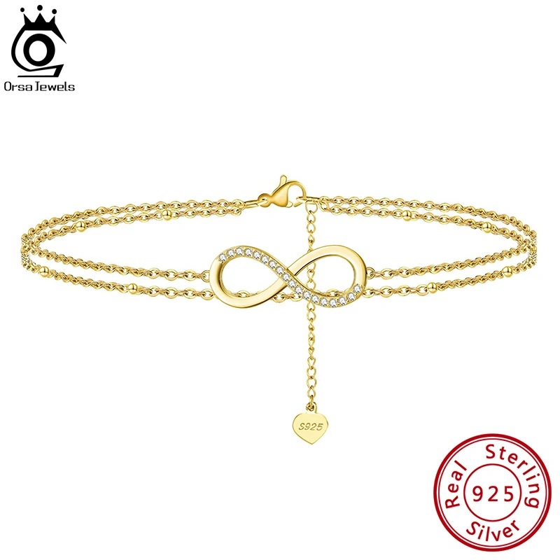 ORSA JEWELS 925 Sterling Silver Fashion Infinity Satellite Chain Anklet for Women Beach BareFoot Chain Bracelet Jewelry SA16