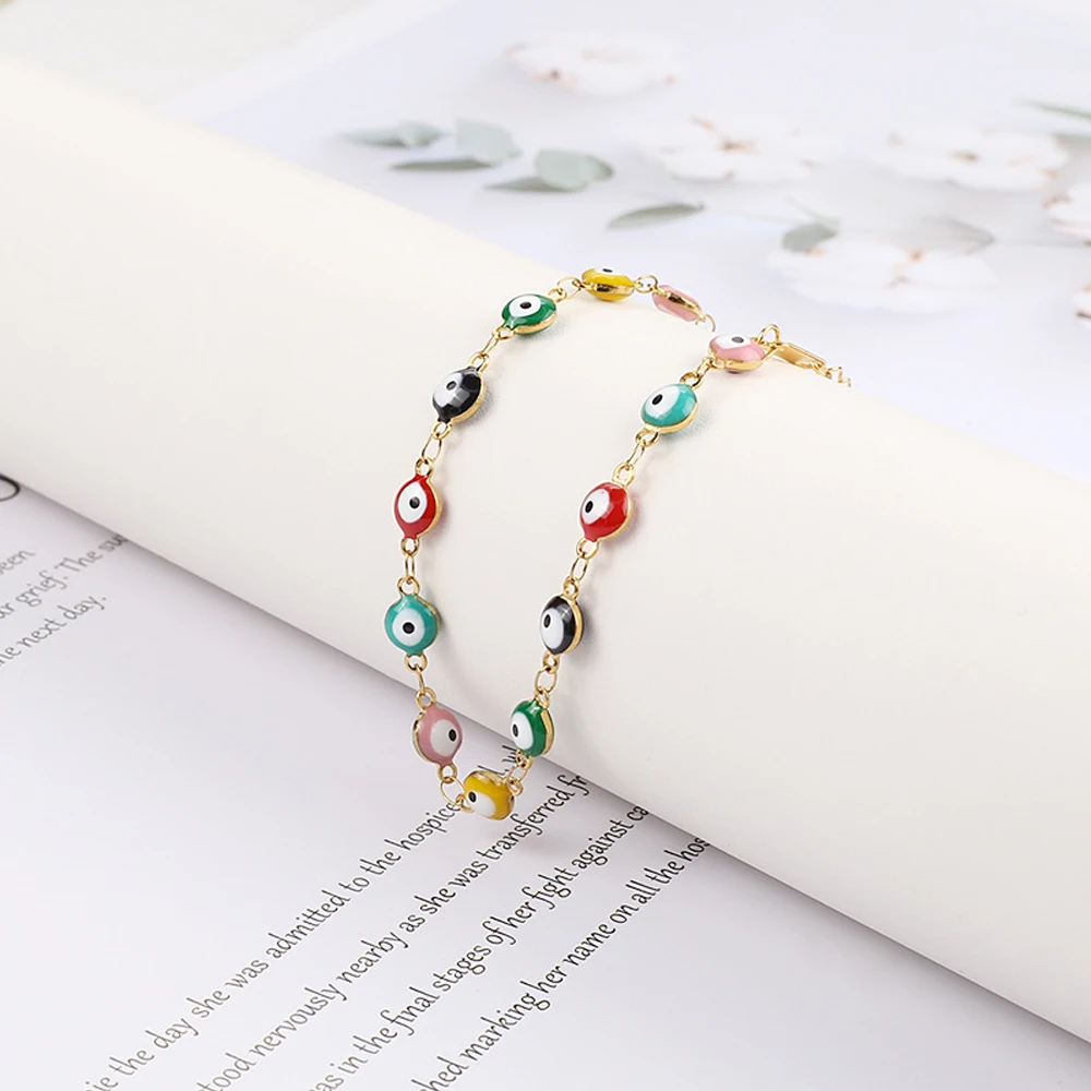 1 Piece 316L Stainless Steel Colorful 6mm Round Enamel Evil Eye Anklets Leg Chain For Women Man Summer Becah Jewelry Gifts 20cm