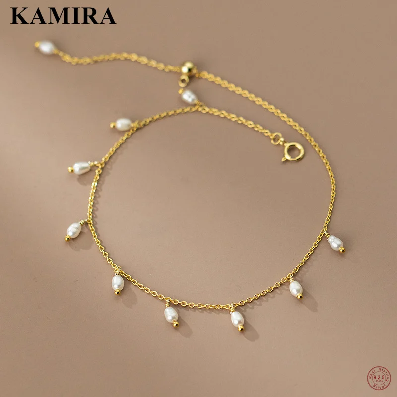 KAMIRA Real 925 Sterling Silver Luxury Bohemian Baroque Pearl Pendant Anklet for Women Anniversary Retro Unique European Jewelry