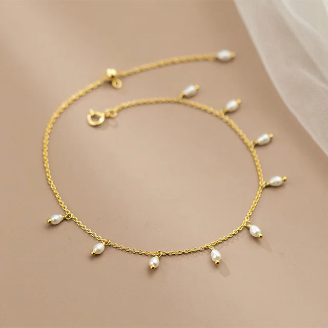 KAMIRA Real 925 Sterling Silver Luxury Bohemian Baroque Pearl Pendant Anklet for Women Anniversary Retro Unique European Jewelry