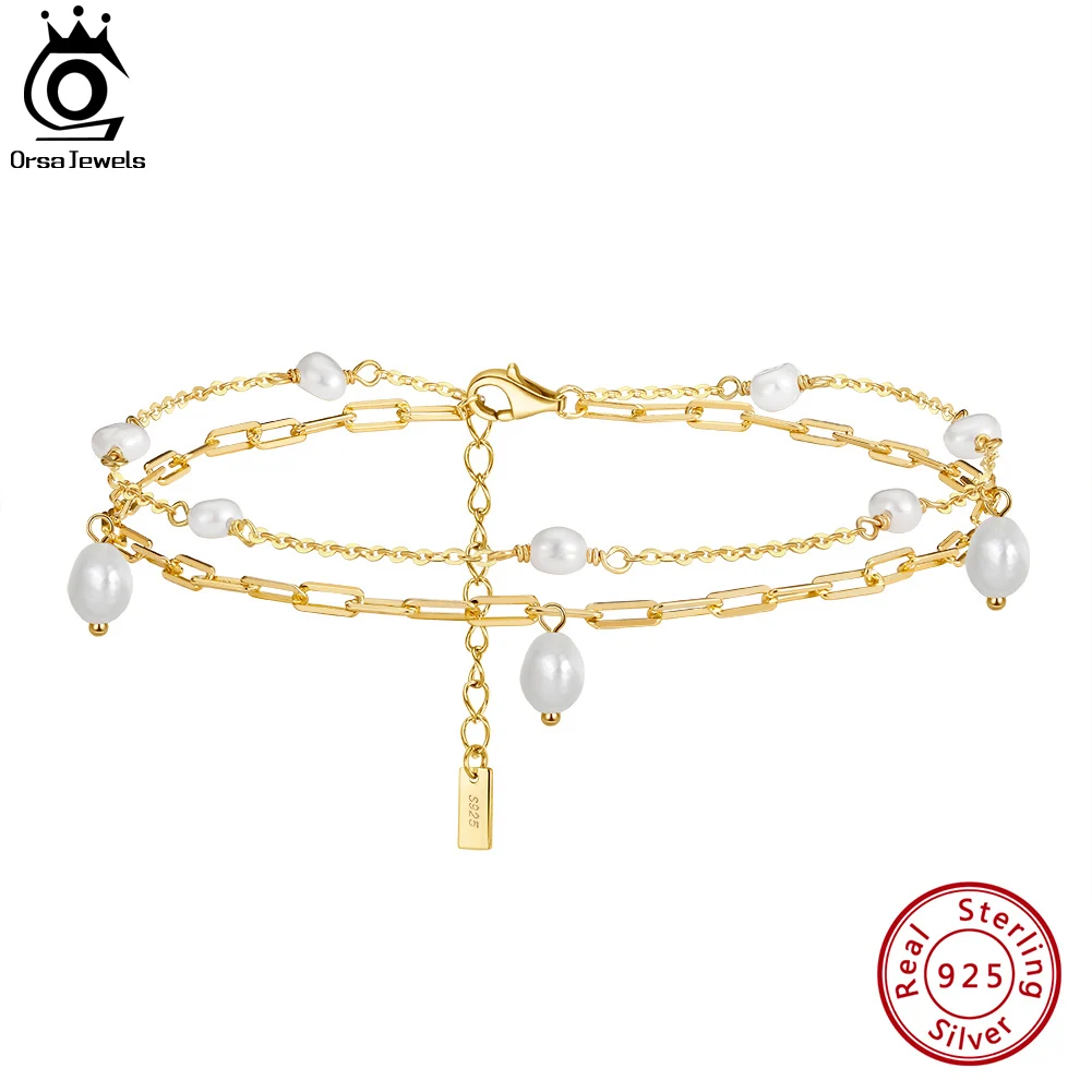 ORSA JEWELS 14K Gold 925 Sterling Silver Double Layered Pearls Anklet for Women Fashion Summer Foot Ankle Straps Jewelry SA51