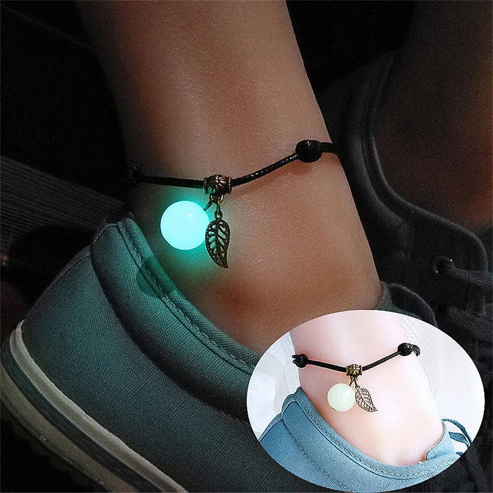 Resin Luminous Bead Couple Foot Chain Handwoven Friendship Leaf Drawstring Adjustable Anklet Accessories Unisex For Friend Gift