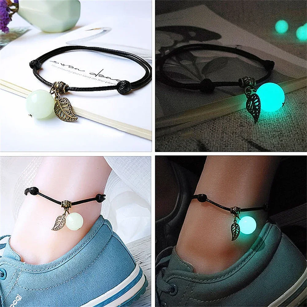 Resin Luminous Bead Couple Foot Chain Handwoven Friendship Leaf Drawstring Adjustable Anklet Accessories Unisex For Friend Gift