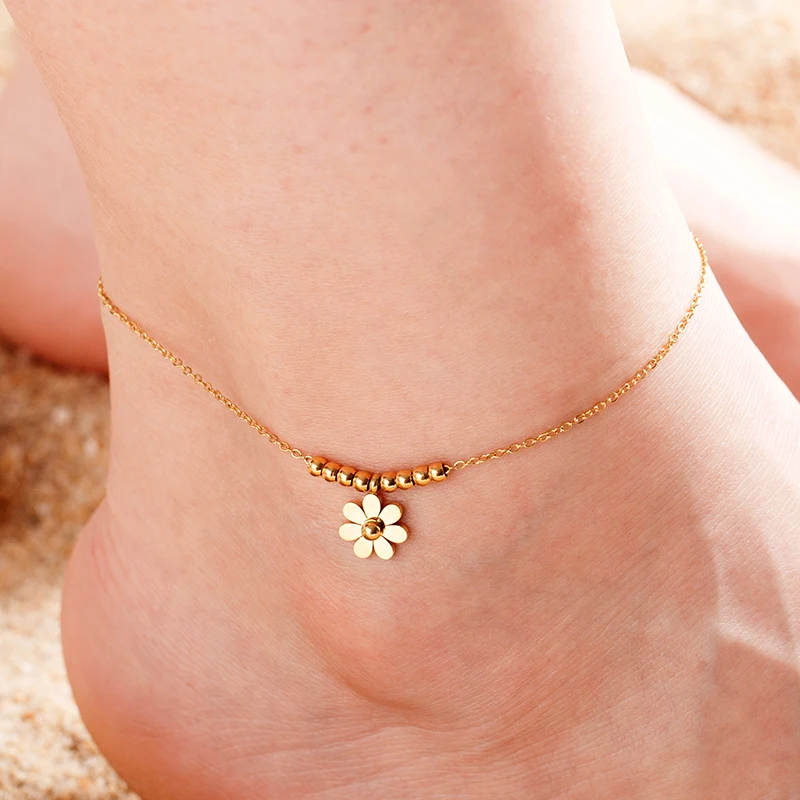 Sunflower beaded anklet bracelet Golden stainless steel leg chain women fashion foot jewelry Girl summer Beach Initial leg chain