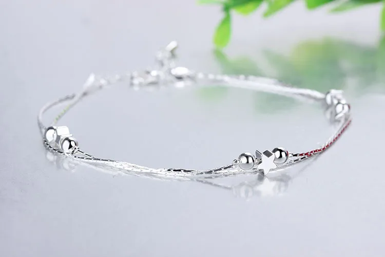 Women's Two Layers Polish Star Beads Charm 925 Sterling Silver Anklet Leg Chain Summer Jewelry Ankle Bracelets Wholesales